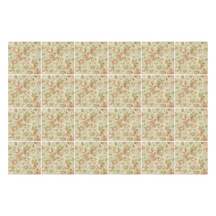 Autocolante gresie si faianta, Wallfluent, Motiv floral vintage, Cremos, 20x20 cm, 24 bucati, Decorative, 010140070290000028128