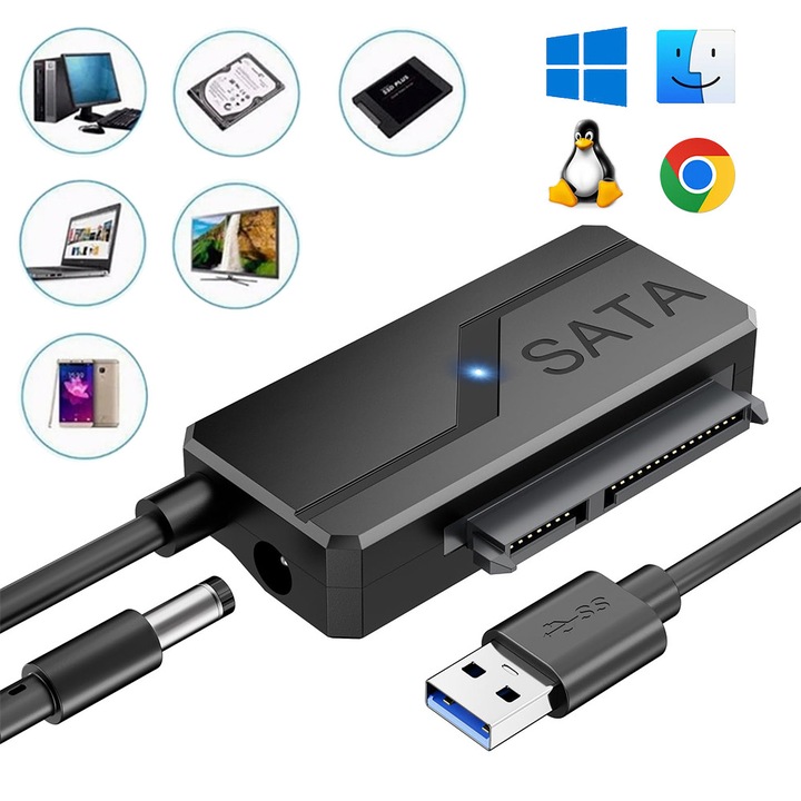 Adaptor USB 3.0 la SATA pentru HDD/SSD de 2.5/3.5 inch - OUYLAF & NAXSIR, Negru, 5 Gbps, Plug & Play