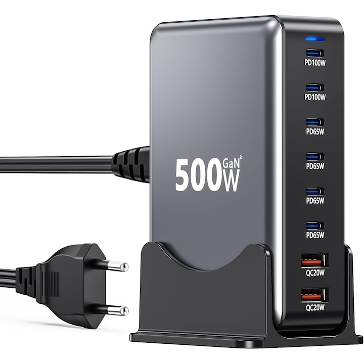 Töltőállomás 500W GaN III Pro 8 Portos, 6 USB-C & 2 USB-A, PD 100W, Kompatibilis Laptoppal, MacBookkal, iPhone-nal, Samsunggal, Androiddal, Kompakt, Hordozható, Fekete