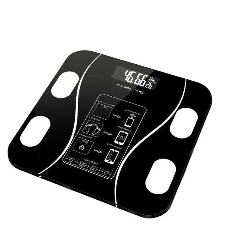Интелигентен електронен кантар за баня със смарт приложение, телесен, осветен цифров екран, термометър, максимално натоварване 180 кг, батерия, черен