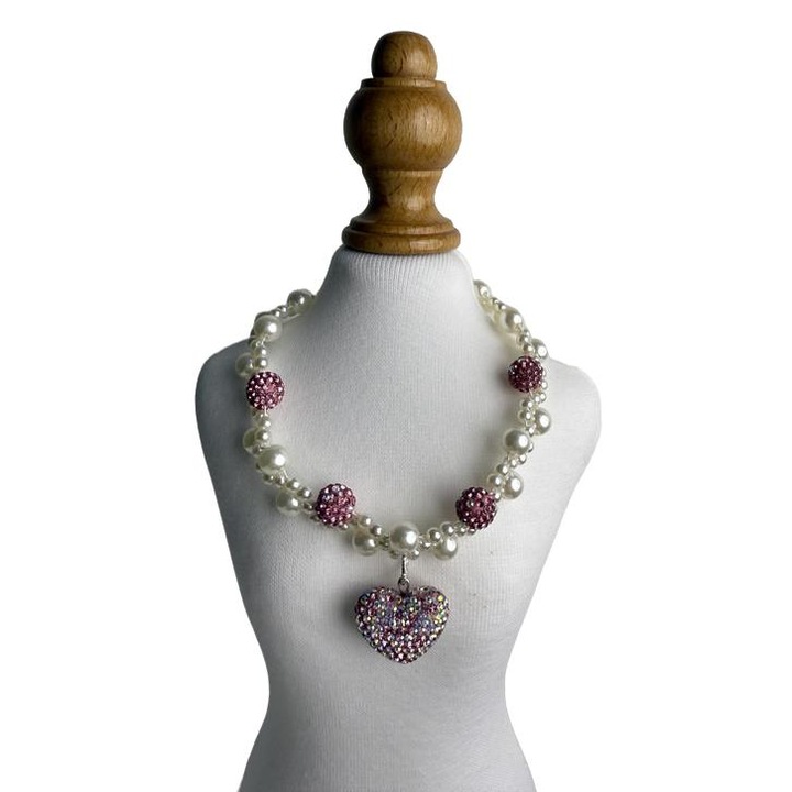 Colier pentru animale, roz/alb, cu pandantiv in forma de inima, strasuri