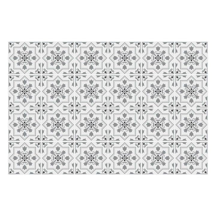Matrica szett falra vagy csempére, Wallfluent, Díszcsempék, Szürke, 10x10 cm, 24 darab, Dekorációs, 010140070180000276731