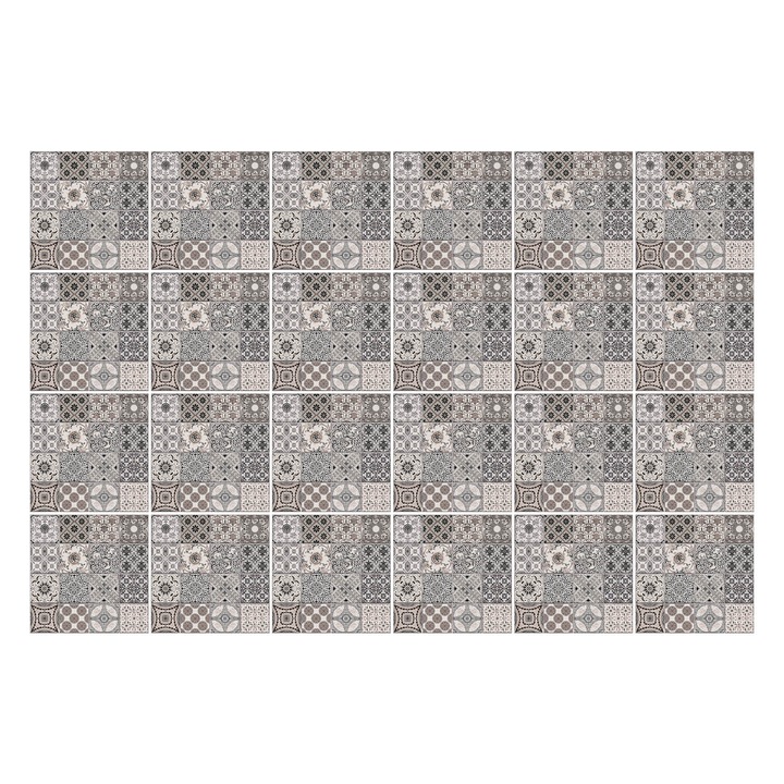 Öntapadós csempe matrica, Wallfluent, Szürke díszítésű csempe, Szürke, 10x10 cm, 24 darab, Dekorációs, 010140070180000276176
