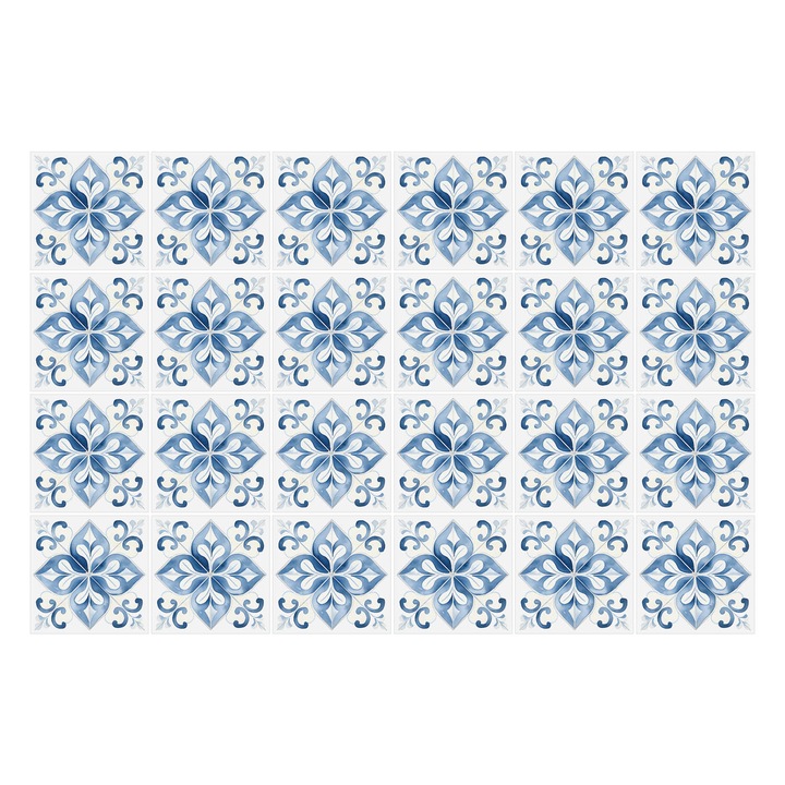 Matrica szett falra vagy csempére, Wallfluent, Csempe virágdíszek, Kék, 15x15 cm, 24 darab, Dekorációs, 010140070240000276764