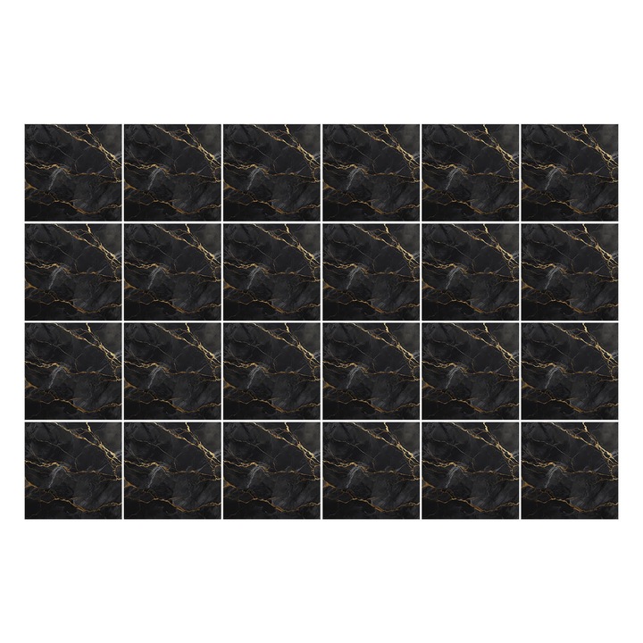 Matrica szett falra vagy csempére, Wallfluent, Elegáns márvány erekkel, Fekete, 10x10 cm, 24 darab, Dekorációs, 010140070180000276750