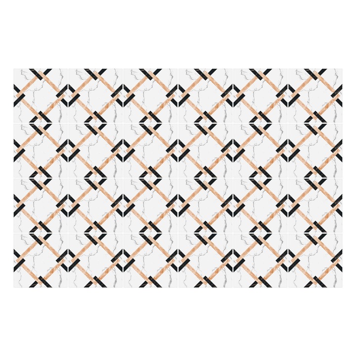Matrica szett falra vagy csempére, Wallfluent, Geometriai rombuszok egy rácsban, Fekete, 15x15 cm, 24 darab, Dekorációs, 010140070240000276759