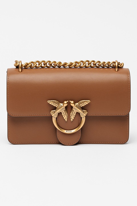 Pinko, Кожена чанта през рамо Love One Mini с метално лого, Тъмнокафяв