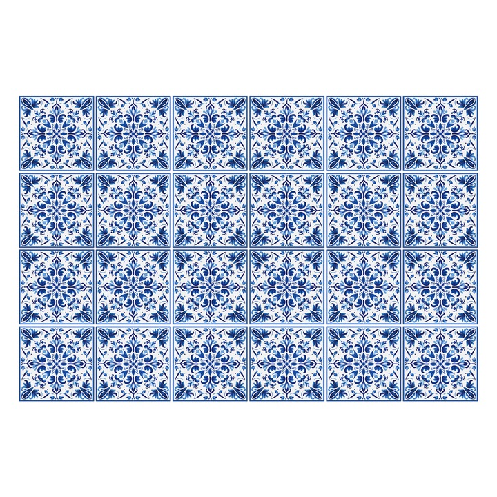 Autocolante gresie, Wallfluent, Placi bogat decorate, Albastru, 10x10 cm, 24 bucati, Decorative, 010140070180000276757