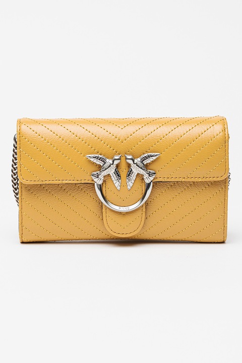 Pinko, Кожена чанта през рамо Love One с презрамка тип верижка, Кафяв