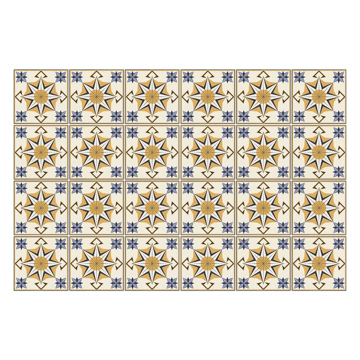 Matrica szett falra vagy csempére, Wallfluent, Napos csillagok kockás mintával, Krémszín, 15x15 cm, 24 darab, Dekorációs, 010140070240000282942