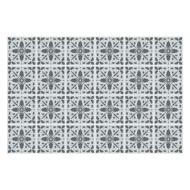 Öntapadós csempe matrica, Wallfluent, Virágdíszek hálóban, Szürke, 15x15 cm, 24 darab, Dekorációs, 010140070240000282976