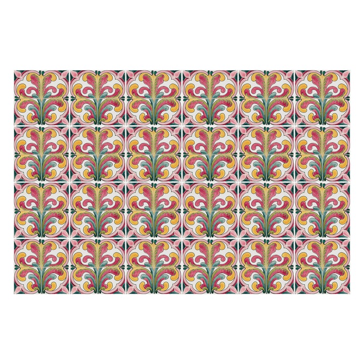 Matrica szett falra vagy csempére, Wallfluent, Virágmotívumok az elrendezésben, Rózsaszín, 15x15 cm, 24 darab, Dekorációs, 010140070240000282924
