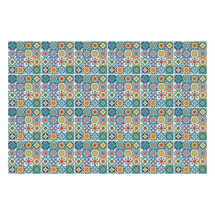 Matrica szett falra vagy csempére, Wallfluent, Virágos mozaikok elrendezésben, Türkiz, 10x10 cm, 24 darab, Dekorációs, 010140070180000282945