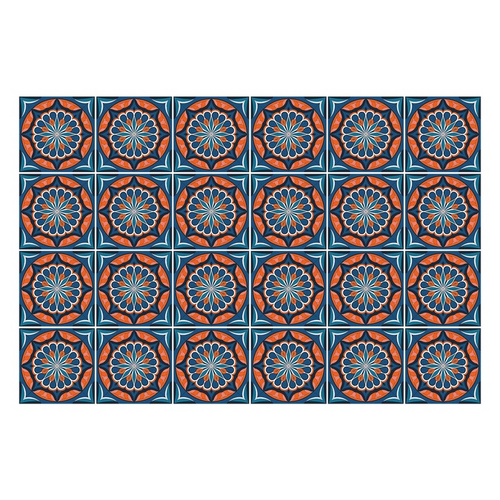 Autocolante pentru gresie, Wallfluent, Cercuri florale, Portocaliu, 10x10 cm, 24 bucati, Decorative, 010140070180000283006