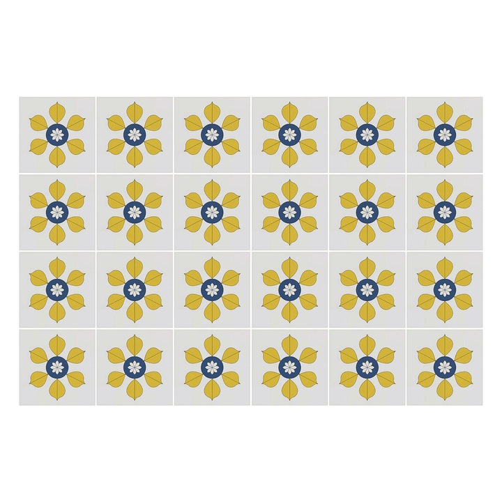 Öntapadós csempe matrica, Wallfluent, Virágmotívumok az elrendezésben, Sárga, 15x15 cm, 24 darab, Dekorációs, 010140070240000283002