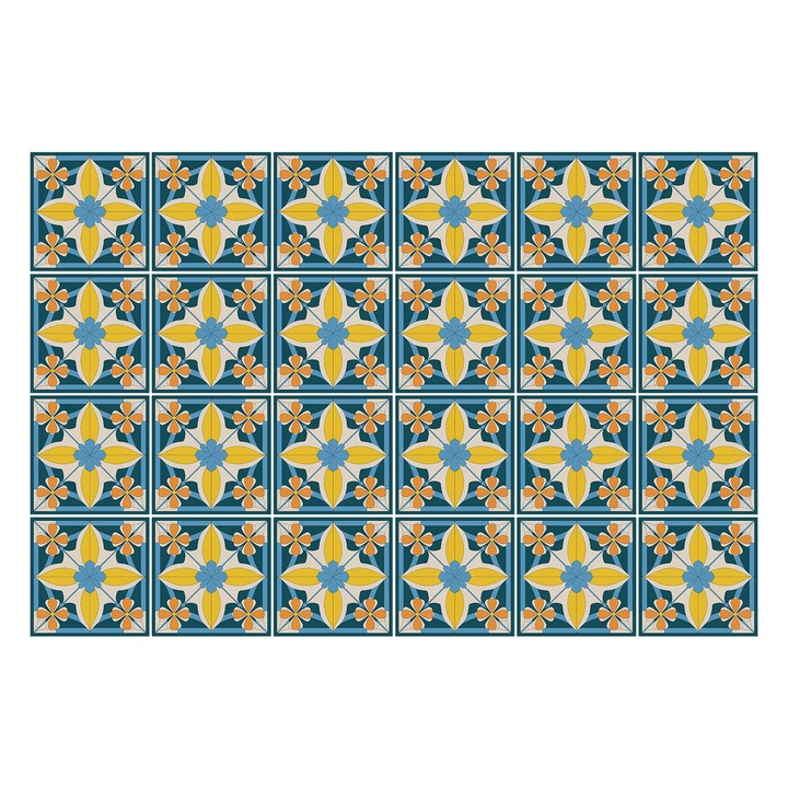 Autocolante gresie si faianta, Wallfluent, Motive florale intr-o plasa, Albastru, 20x20 cm, 24 bucati, Decorative, 010140070290000282995