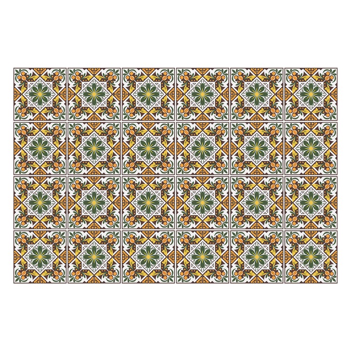 Matrica szett falra vagy csempére, Wallfluent, Gazdagon díszített csempe, Zöld, 15x15 cm, 24 darab, Dekorációs, 010140070240000283099