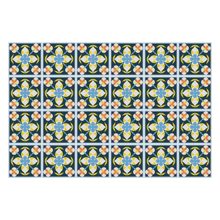 Autocolante gresie si faianta, Wallfluent, Model retro vintage de faianta, Albastru, 20x20 cm, 24 bucati, Decorative, 010140070290000283093