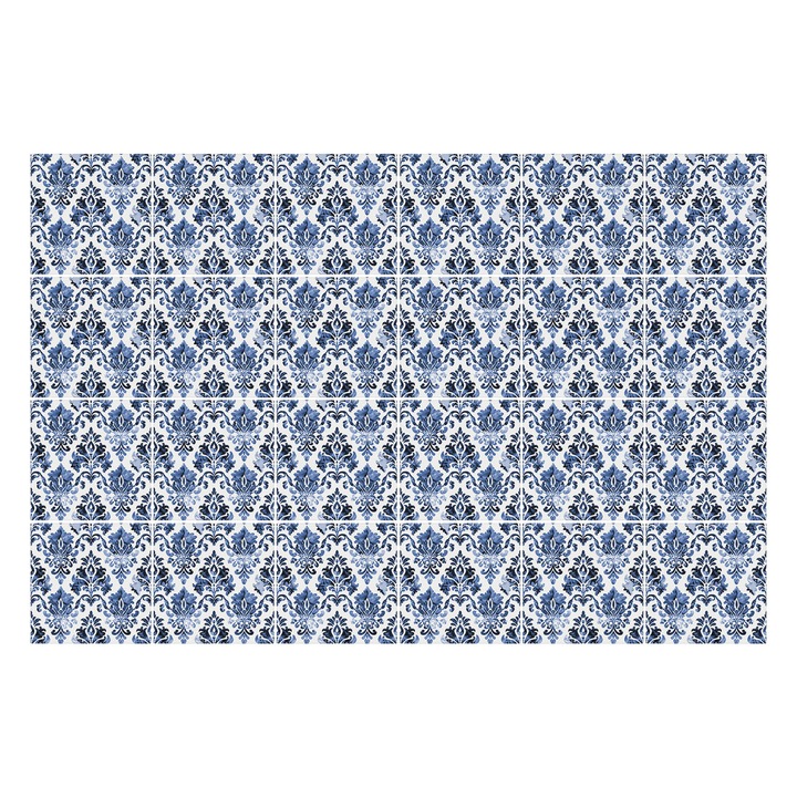 Öntapadós csempe matrica, Wallfluent, Klasszikus virágdísz, Kék, 10x10 cm, 24 darab, Dekorációs, 010140070180000283261