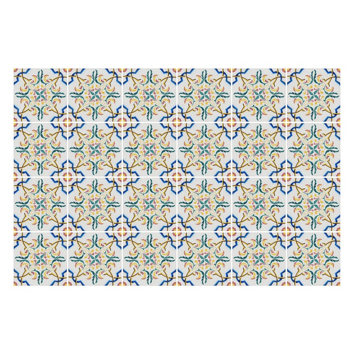 Öntapadós csempe matrica, Wallfluent, Virágdíszek elrendezésben, Fehér, 15x15 cm, 24 darab, Dekorációs, 010140070240000283182