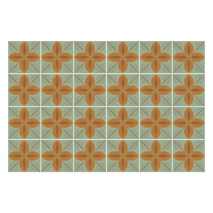 Autocolante pentru gresie, Wallfluent, Motive florale intr-o plasa, Portocaliu, 20x20 cm, 24 bucati, Decorative, 010140070290000283137