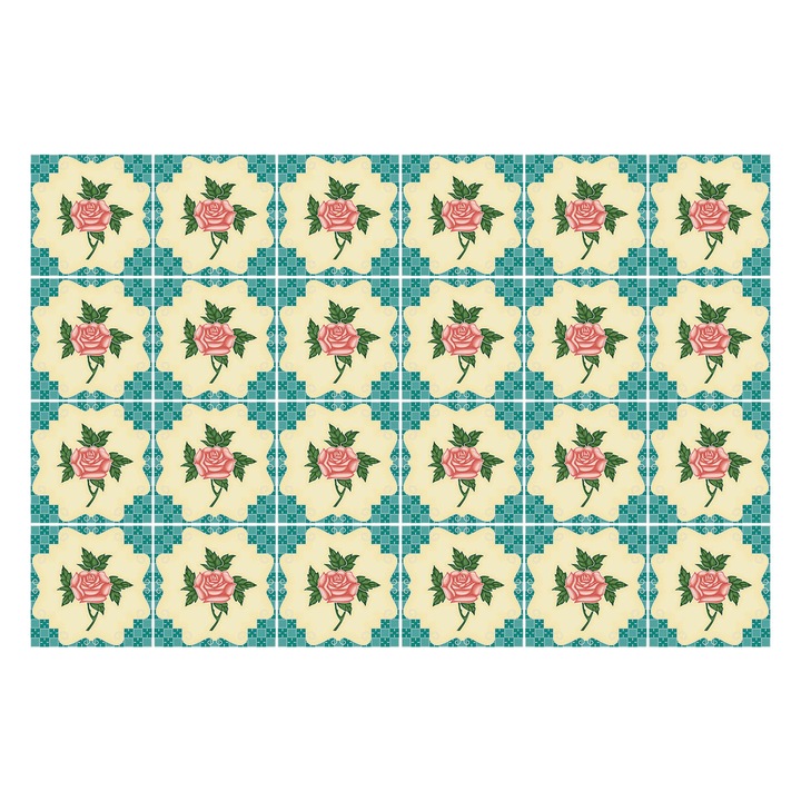 Öntapadós csempe matrica, Wallfluent, Retro vintage virágok, Krémszín, 10x10 cm, 24 darab, Dekorációs, 010140070180000283283