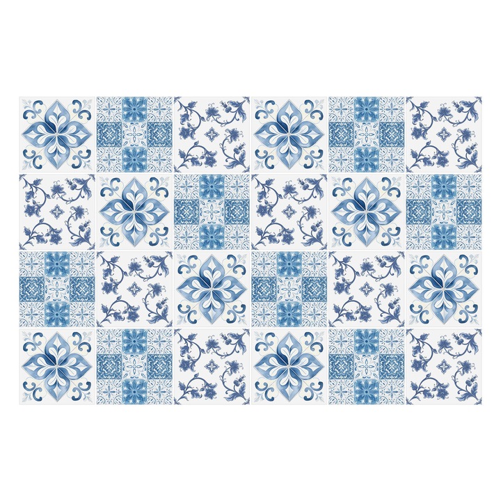 Csempe matrica, Wallfluent, Klasszikus csempe díszekkel, Kék, 15x15 cm, 24 darab, Dekorációs, 010140070240000283469