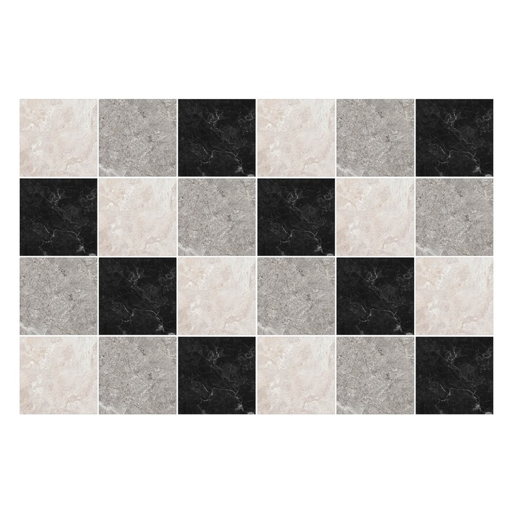Autocolante pentru gresie, Wallfluent, Tabla de sah din marmura, Negru, 10x10 cm, 24 bucati, Decorative, 010140070180000283478