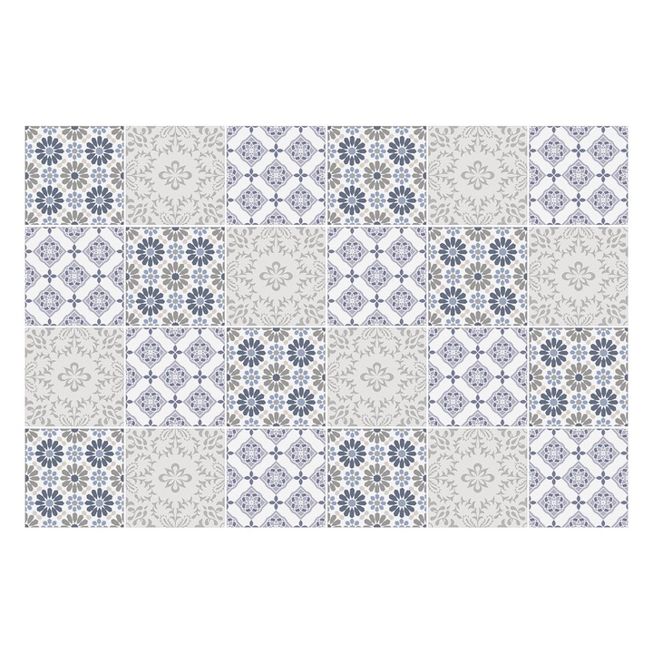 Csempe matrica, Wallfluent, Kockás virágmotívumok, Szürke, 15x15 cm, 24 darab, Dekorációs, 010140070240000283487