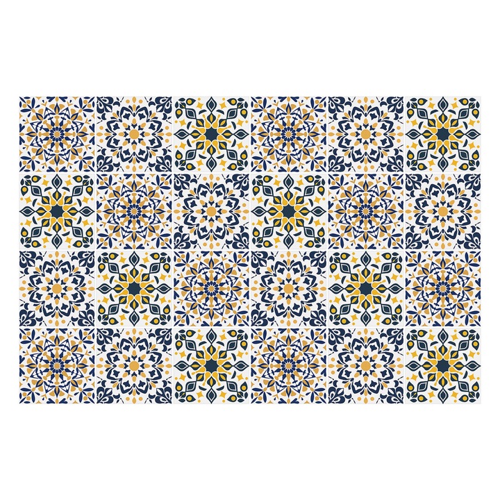 Matrica szett falra vagy csempére, Wallfluent, Geometrikus virágok és levelek, Kék, 15x15 cm, 24 darab, Dekorációs, 010140070240000283488