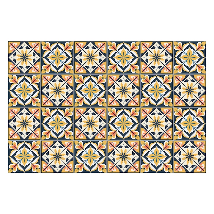 Autocolante gresie, Wallfluent, Motive florale in aranjament, Galben, 10x10 cm, 24 bucati, Decorative, 010140070180000283447