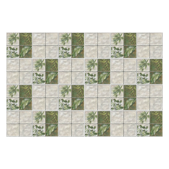 Öntapadós csempe matrica, Wallfluent, A levelek csempézett elrendezésben, Zöld, 15x15 cm, 24 darab, Dekorációs, 010140070240000283432