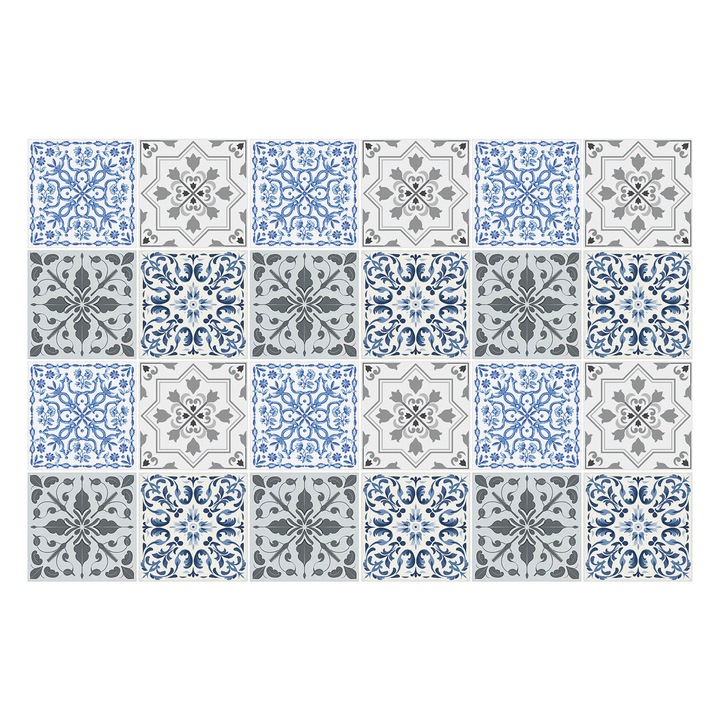 Autocolante gresie si faianta, Wallfluent, Placi clasice cu ornamente, Albastru, 10x10 cm, 24 bucati, Decorative, 010140070180000283554