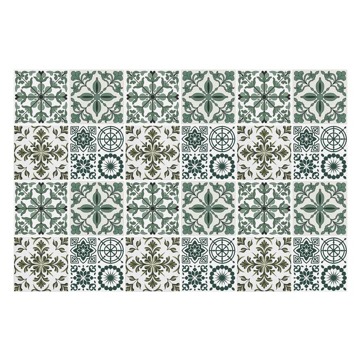 Autocolante gresie, Wallfluent, Motive florale clasice, Verde, 20x20 cm, 24 bucati, Decorative, 010140070290000283561