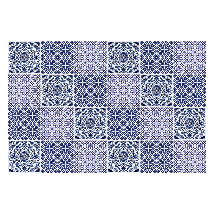 Matrica szett falra vagy csempére, Wallfluent, Finoman díszített csempe, Kék, 15x15 cm, 24 darab, Dekorációs, 010140070240000283473