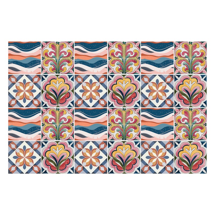 Autocolante pentru gresie, Wallfluent, Motive florale si valuri, Turcoaz, 15x15 cm, 24 bucati, Decorative, 010140070240000283538