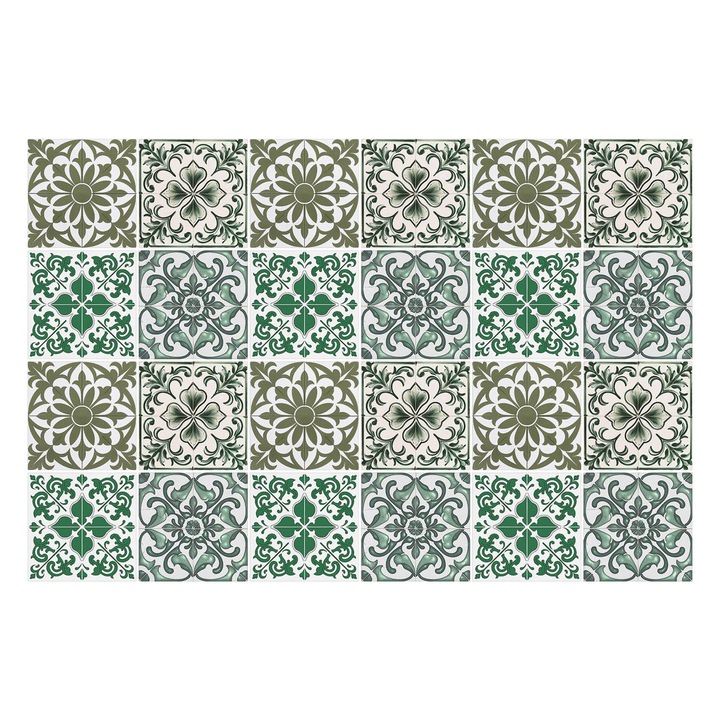 Autocolante gresie si faianta, Wallfluent, Motive vegetale si geometrice, Verde, 20x20 cm, 24 bucati, Decorative, 010140070290000283551