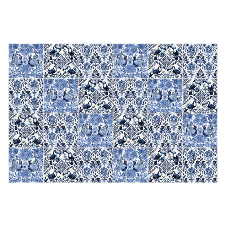Öntapadós csempe matrica, Wallfluent, Virág és madár motívum, Kék, 15x15 cm, 24 darab, Dekorációs, 010140070240000283471