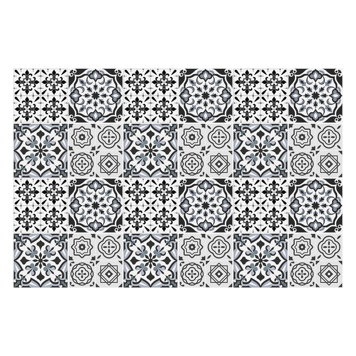 Matrica szett falra vagy csempére, Wallfluent, Geometrikus díszek, Fekete, 20x20 cm, 24 darab, Dekorációs, 010140070290000283587