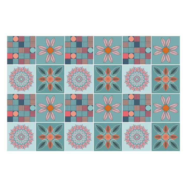 Matrica szett falra vagy csempére, Wallfluent, Virágos és geometrikus motívumok, Türkiz, 15x15 cm, 24 darab, Dekorációs, 010140070240000283596