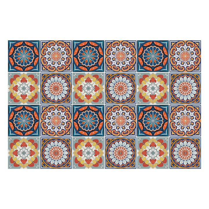 Autocolante gresie, Wallfluent, Mandale in stil oriental, Albastru, 10x10 cm, 24 bucati, Decorative, 010140070180000283543