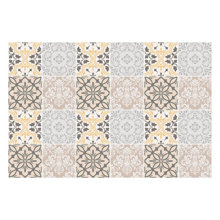 Öntapadós csempe matrica, Wallfluent, Elegáns virágmotívumok, Bézs, 15x15 cm, 24 darab, Dekorációs, 010140070240000283654
