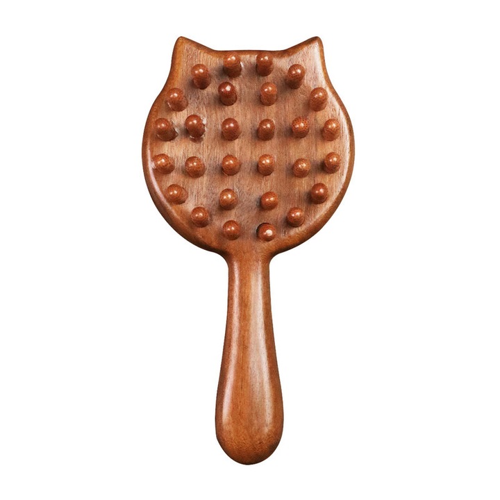 Масажен гребен с дървени зъби във формата на котка, с дълга дръжка, кафяв, 15*7.5см