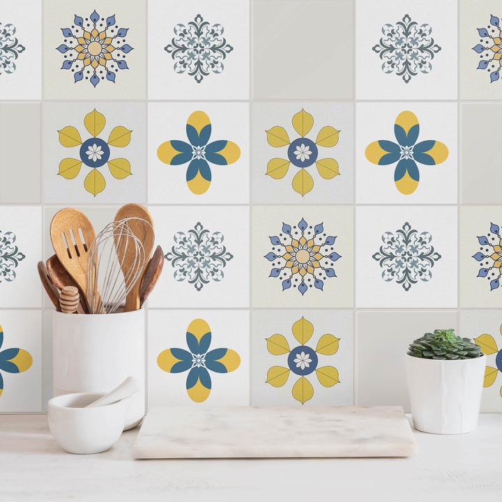 Autocolante gresie, Wallfluent, Flori si mandale, Galben, 10x10 cm, 24 bucati, Decorative, 010140070180000283534