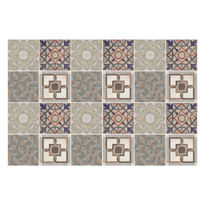 Matrica szett falra vagy csempére, Wallfluent, Ősi csempék mozaikja, Szürke, 10x10 cm, 24 darab, Dekorációs, 010140070180000283614