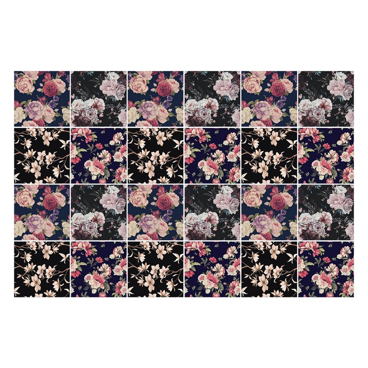 Autocolante gresie, Wallfluent, Compozitii florale, Negru, 10x10 cm, 24 bucati, Decorative, 010140070180000283642