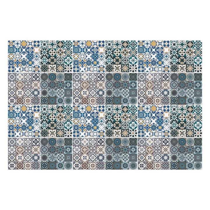 Matrica szett falra vagy csempére, Wallfluent, Mozaik színes csempe, Kék, 15x15 cm, 24 darab, Dekorációs, 010140070240000283581