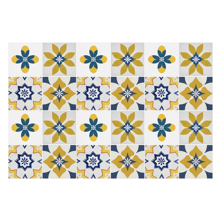 Csempe matrica, Wallfluent, Virágos pasztell motívumok, Sárga, 15x15 cm, 24 darab, Dekorációs, 010140070240000283598