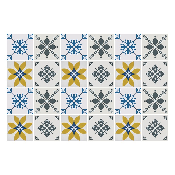 Autocolante gresie si faianta, Wallfluent, Motive florale, Galben, 10x10 cm, 24 bucati, Decorative, 010140070180000283653