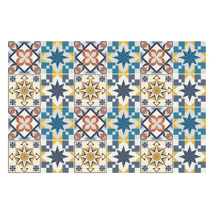 Csempe matrica, Wallfluent, Geometriai motívumok csillagokkal, Sárga, 20x20 cm, 24 darab, Dekorációs, 010140070290000283601
